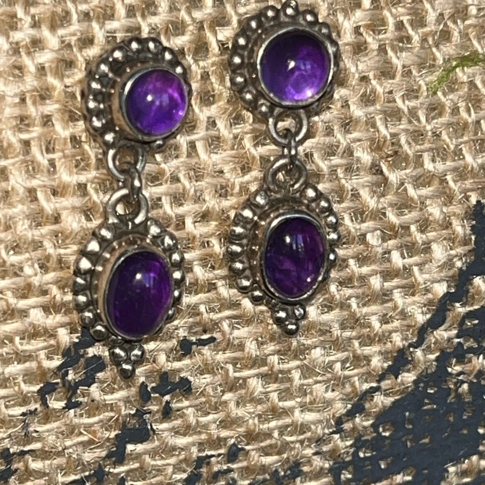 Vintage Purple and 925 Silver Dangle Earrings - Picture 2 of 6